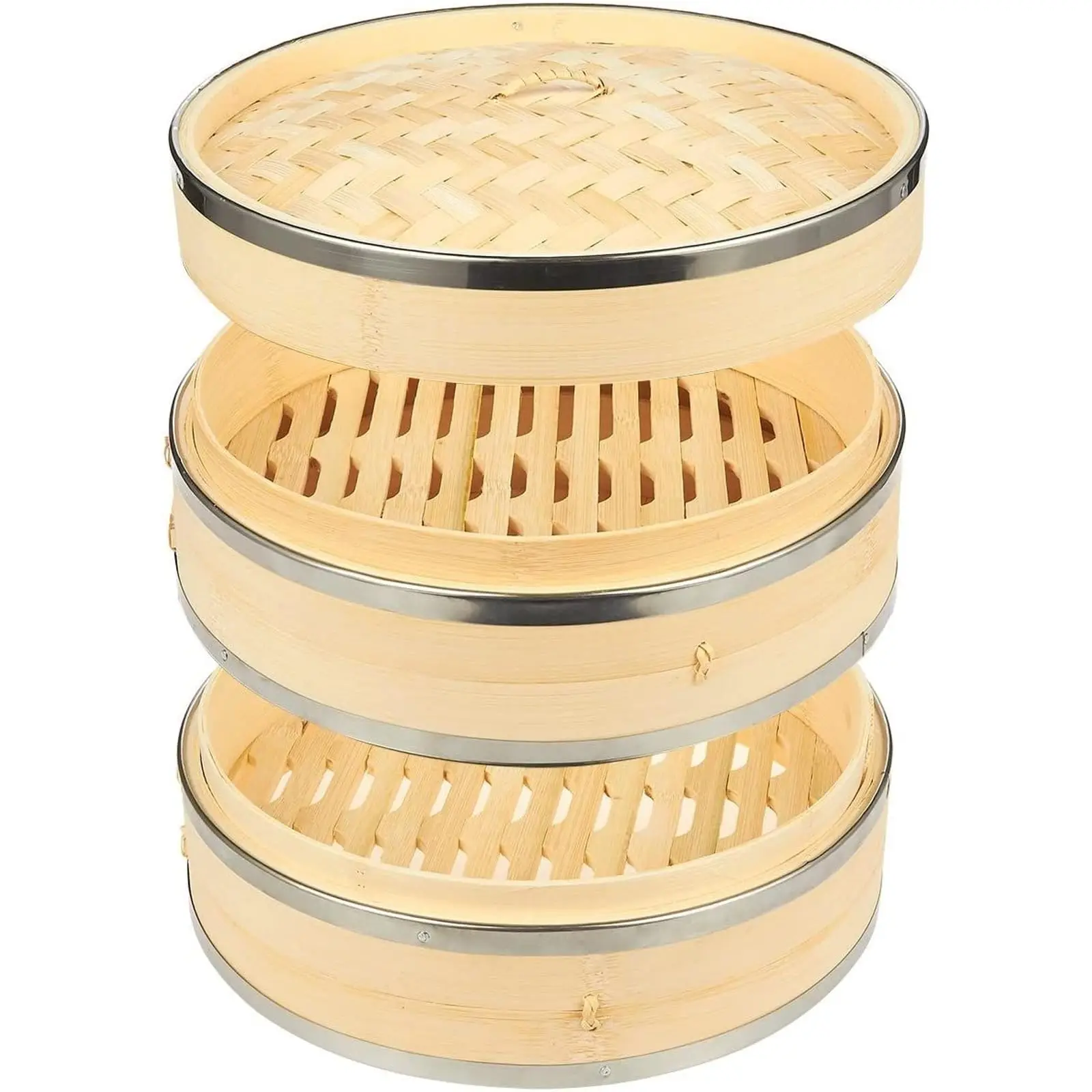 Wholesale 2 Tier  10 Inch Bamboo Steamer Basket for Kitchen,Large Capacity Dumpling,Vegetable Steamer Basket with Steel Rings