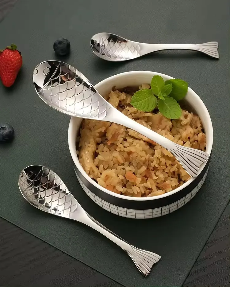 Silver Fish Spoon 304 Stainless Steel Asian Soup Spoon Short Handle Spoon for Dessert Coffee