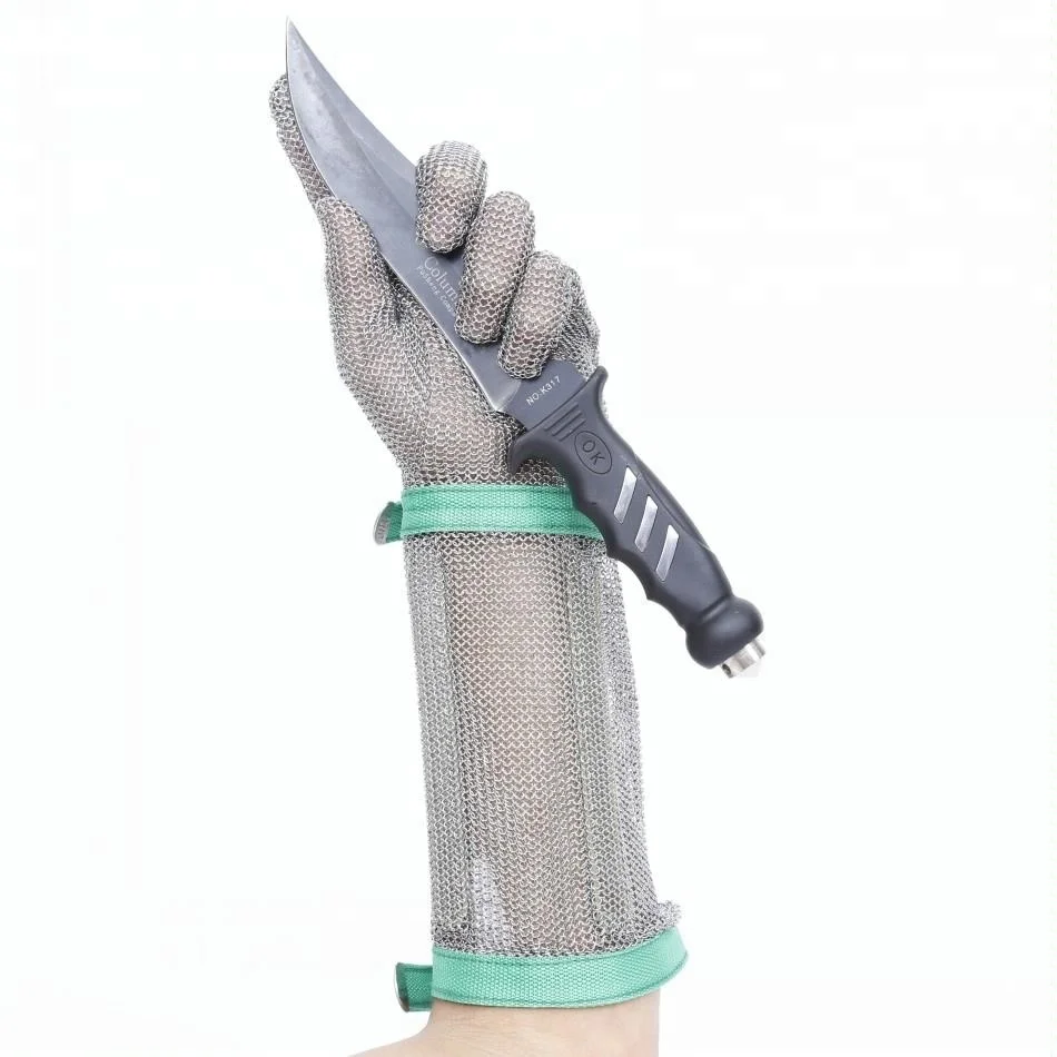 Ring Mesh Gloves Stainless Steel Chainmail Gloves Hand Protection Safety Gloves with 19 cm textile cuff for Meat processors