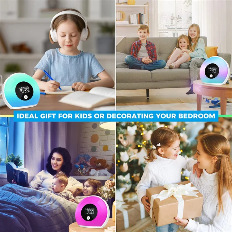 Wireless BT 5.0 Speakers Kids Night Light 4 Level Brightness & Colorful Light Wake Up Light Desktop Alarm Clock