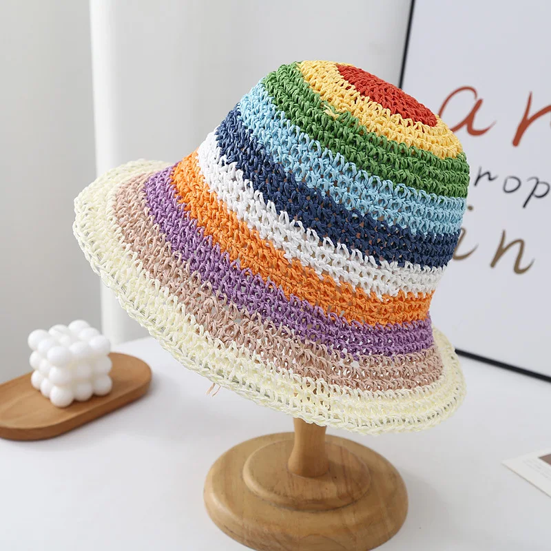 Handmade Rainbow Straw Hat Sunscreen Shading Fisherman cap Braided Striped High Quality Crochet Bucket Straw Hat