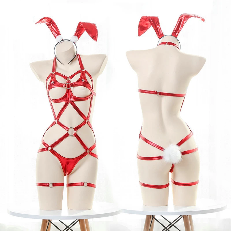 Women Sexy Color Hollowed-out Polyester Body Bondage Underwear Boudoir Fun Game Open Crotch Garter Belt One-Piece Lingerie