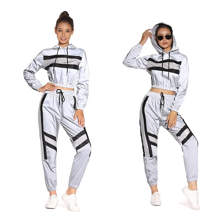 2021 New Fashion 2 Piece Women Zipped Jacket And Pants Ladies Matching Clothing Sets Reflective Set
