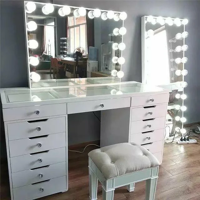 Hot sale large hollywood makeup mirror with LED lights sensor touch tempered glass top makeup table