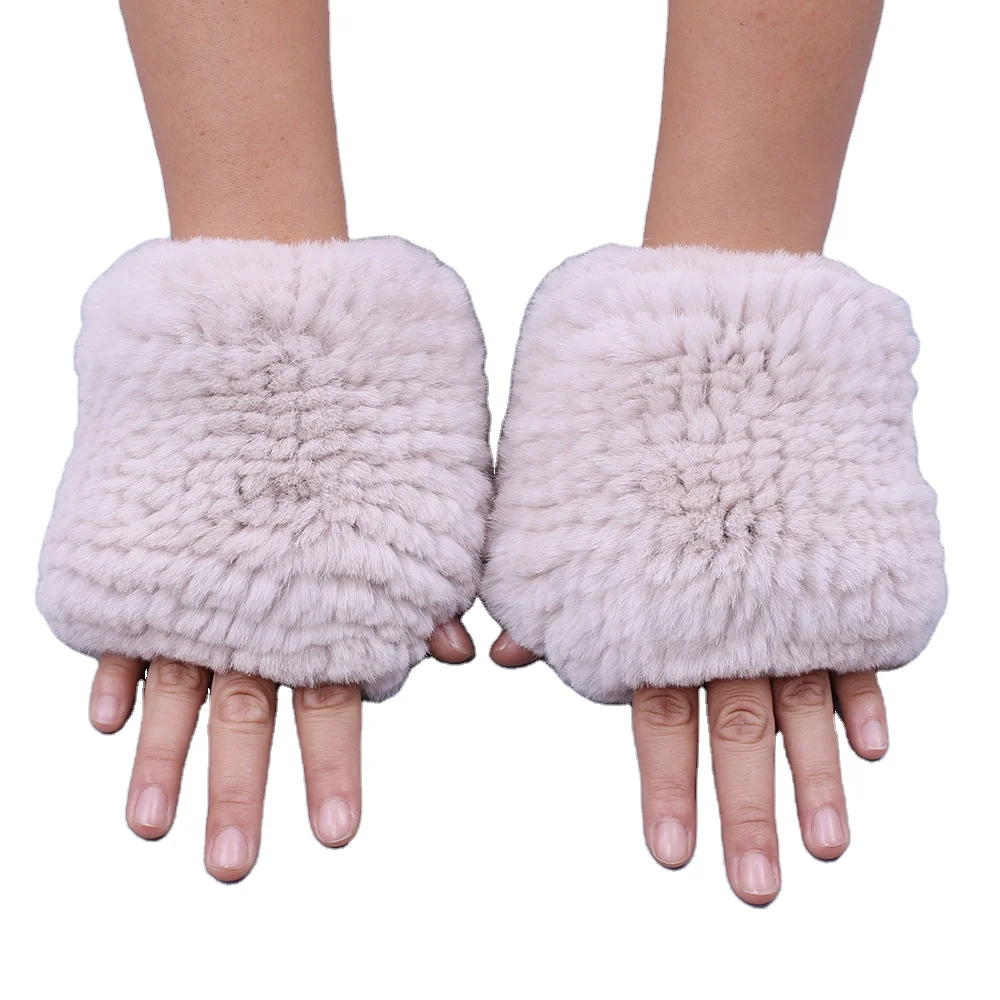 Женские вязаные перчатки без пальцев, из натурального меха кролика Рекс, зимние варежки из натурального меха, мягкие теплые эластичные перчатки