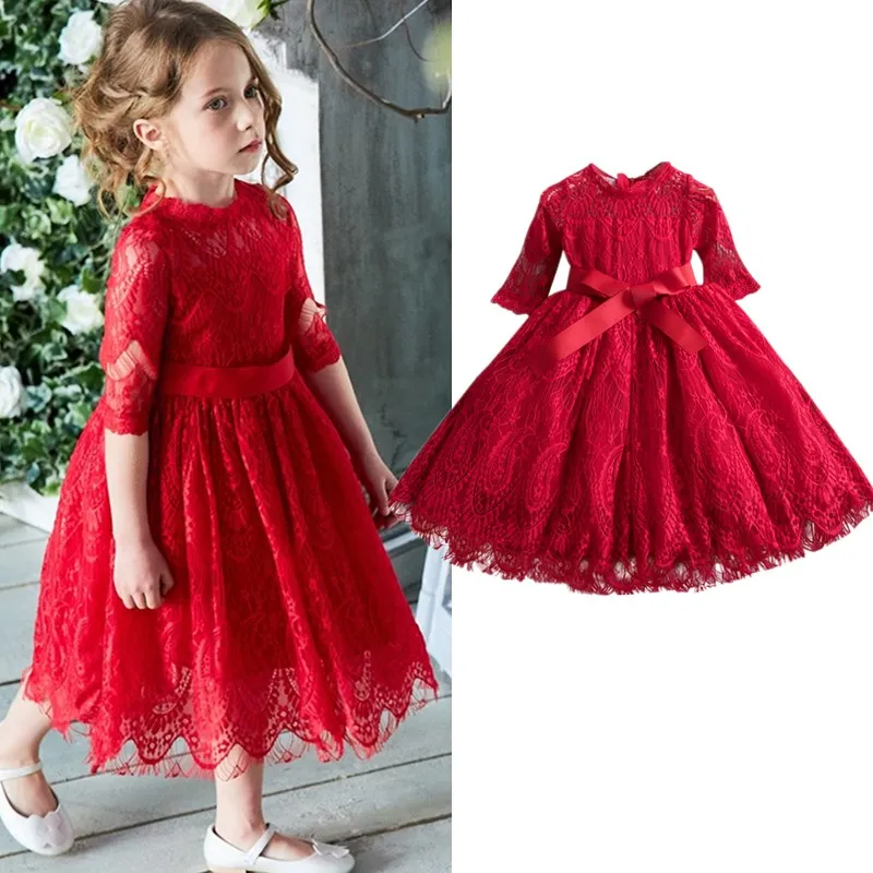Half sleeve red kids clothes princess dress girl frock children lace dress