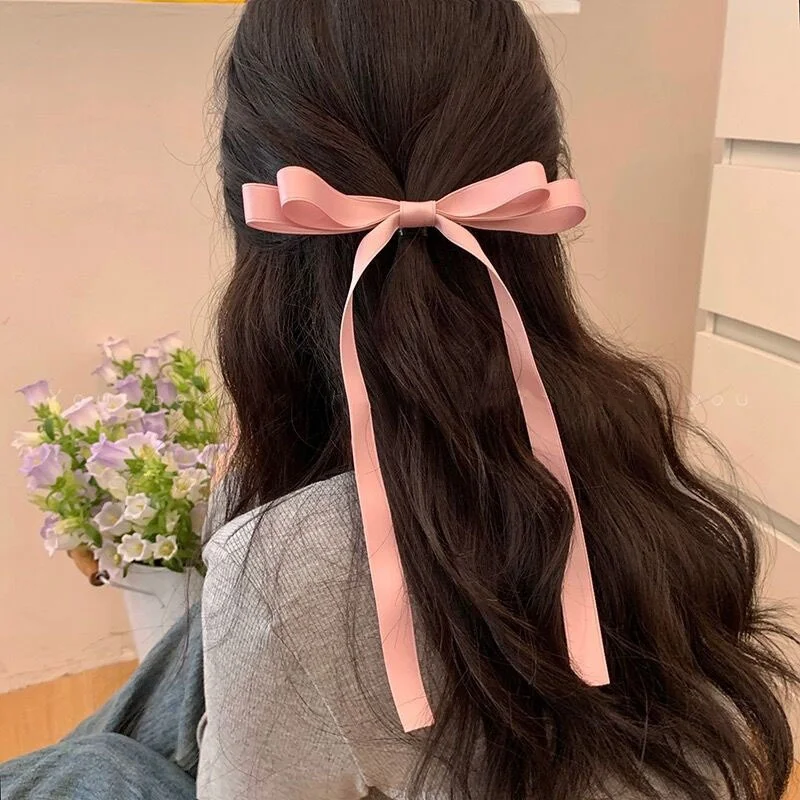 Elegant Girlish  hair decorative Ribbon Bow  hairpins Fabric hair barrettes with Long tail for lady Women Accessories