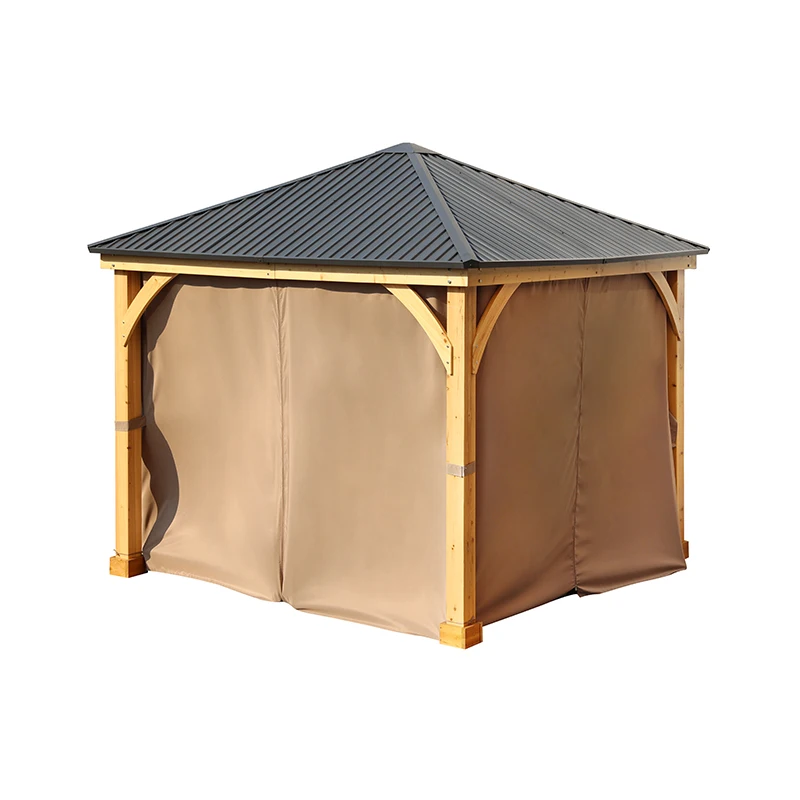 Lawn Garden Outdoor Wood Gazebo with Privacy Curtains and Netting
