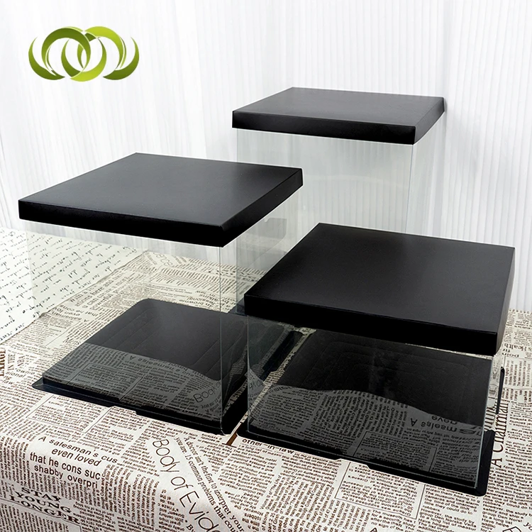 6 8 10 12 Inch Square Black High Wedding Transparent Acetate Plastic Tall Clear Cake Box Packaging With Lid Handle 10 x 10 x 6