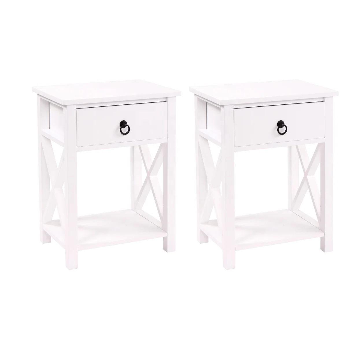 X-shaped bedside table with single drawer coffee table for bedroom living room - Set of 2,White,us-stock