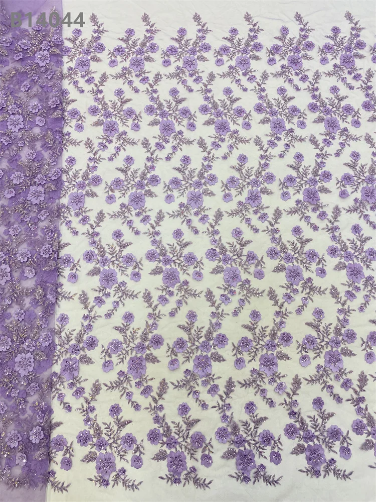 Satin Patch Purple Floral Embroidery Beads Lace Fabric Applique Sequins Embroidered Fabric Lace Material for Dress