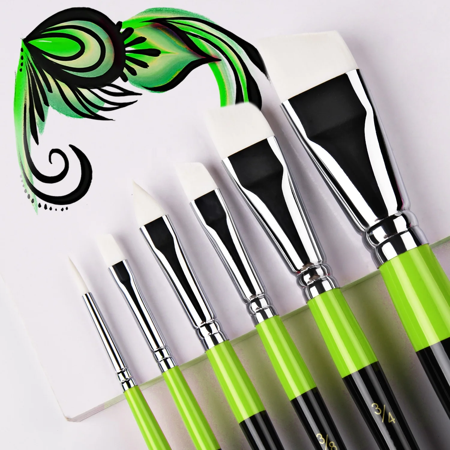 Professional 6pcs Green Handle Face Paint Brush Wood Handle White Nylon Face Painting Artist Paint Brush Set for Face Art