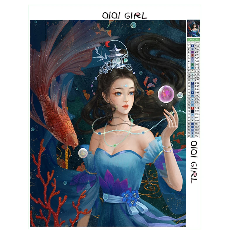 
QIQI GIRL 40x50 Full Diamond Painting 5D Square/Round Cartoon Mermaid Mosaic for kids 