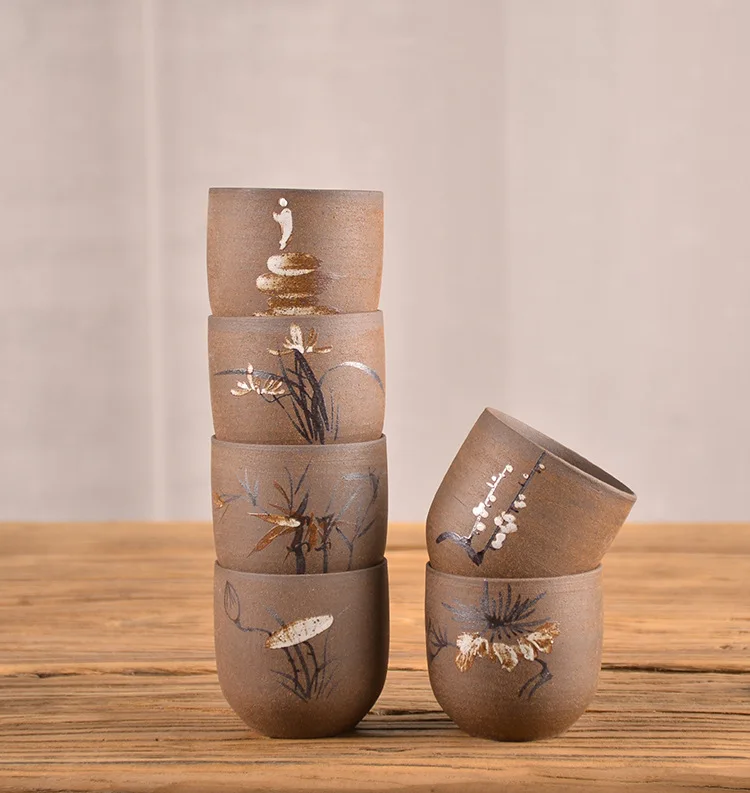 Old rock mud unglazed hand-painted teacup rough pottery Kungfu tea set Zen tea cup Japanese antique ceramic handmade single cup
