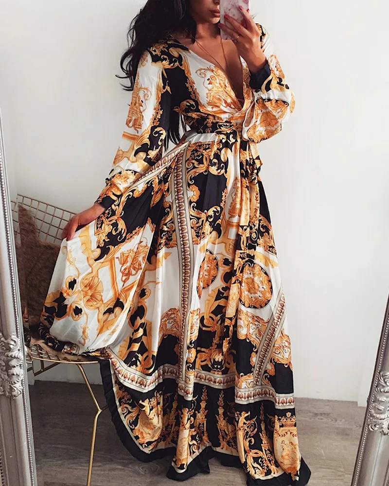 Women Boho Wrap Summer Long Dress Holiday Maxi Loose Sundress Floral Print V-neck Long Sleeve Elegant Dresses autumn Vintage