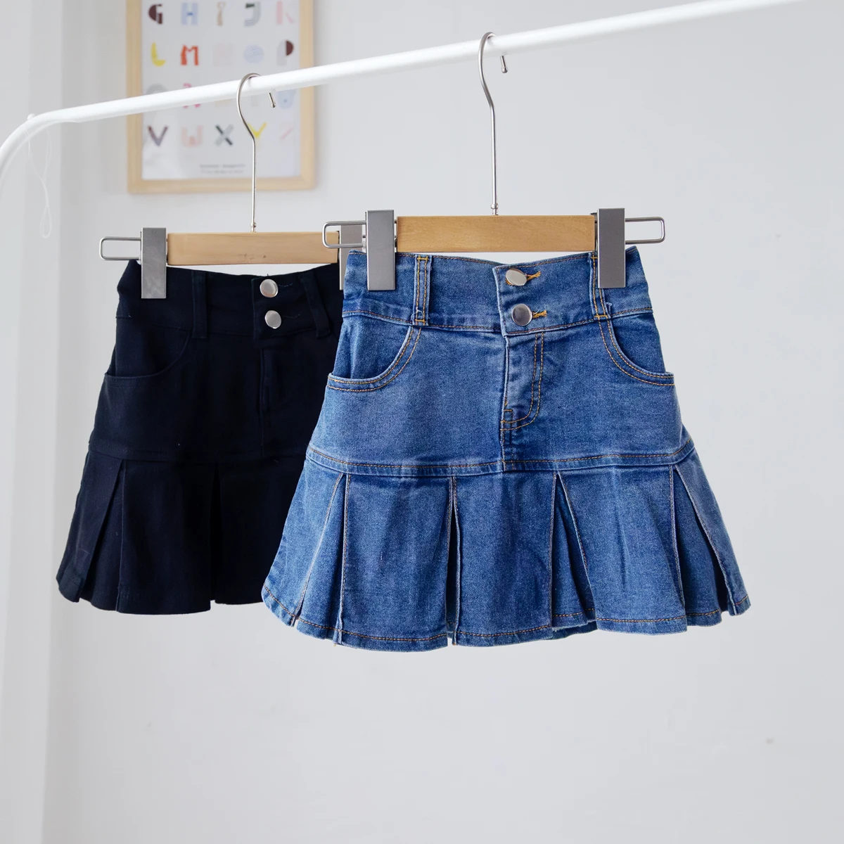 Kids Jean Skirts with Denim Safety Knickers Girls Ruffle Denim Skirt Wholesale Kid Toddler Girls Teens Pleated Blue Jeans Skirts
