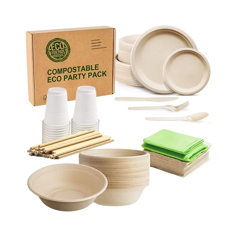 Disposable Eco compostable  biodegradable bagasse sugarcane birthday paper plates tableware and dinnerware set for wedding party