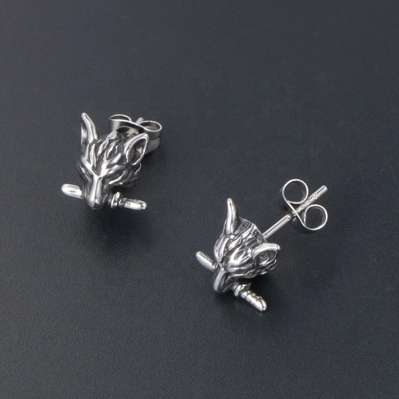 Antique 316L Stainless Steel Animal Wolf Sword Punk Gothic Earring for Men