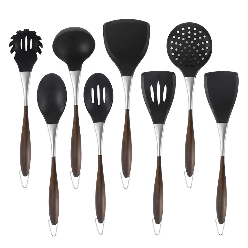 100% Eco-friendly Food Grade Cooking Tools 8pcs Kitchen Utensil Set Silicone Stainless Steel Cooking utensil Tools Kitchenware
