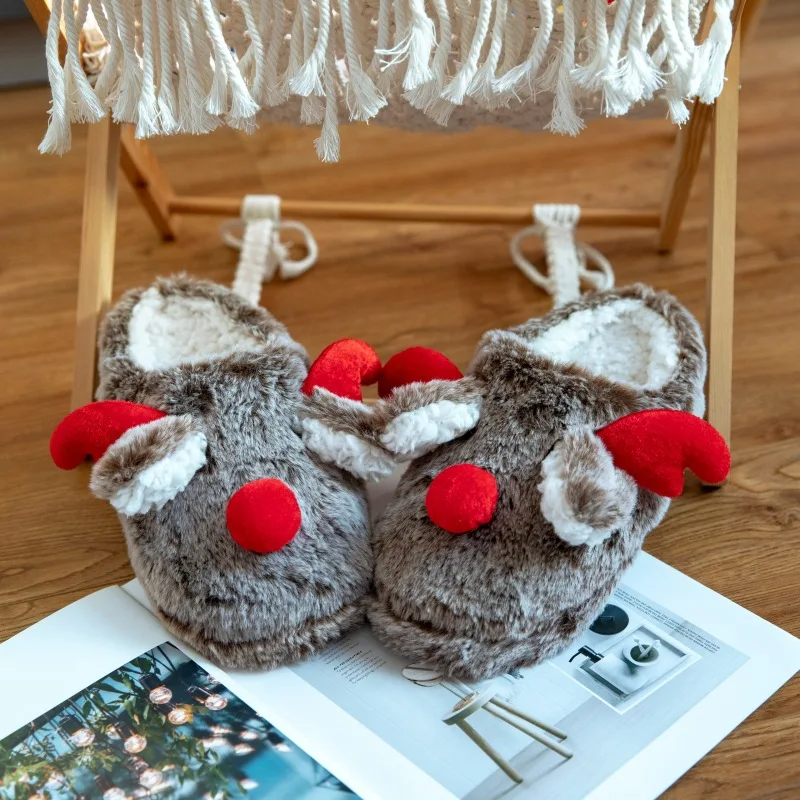 Autumn Winter Indoor Slippers Lovely fur Christmas Deer Light Weight Cushioning Non-Slip Child Family Fashion Trend in stock