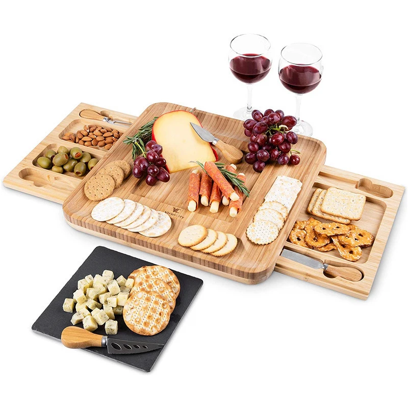 Selling Bamboo Cheese Board with Cheese Tools, Cheese Plate Charcuterie Platter with Utensils Set and 4 Stainless Steel Cutting