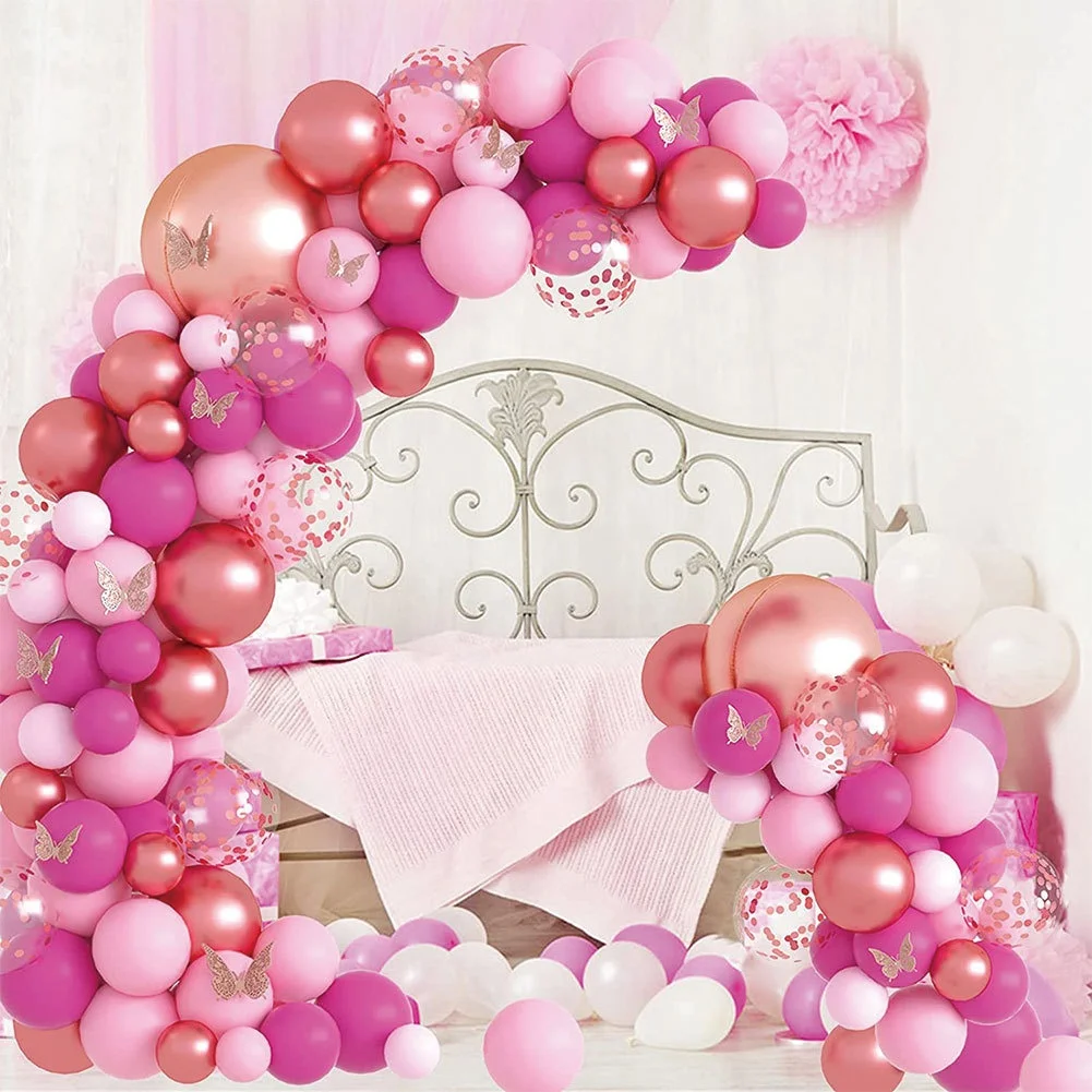 Pink Balloon Garland Arch Kit Butterfly Stickers Hot Pink Latex Balloons for Birthday Wedding Party Baby Shower Decorations