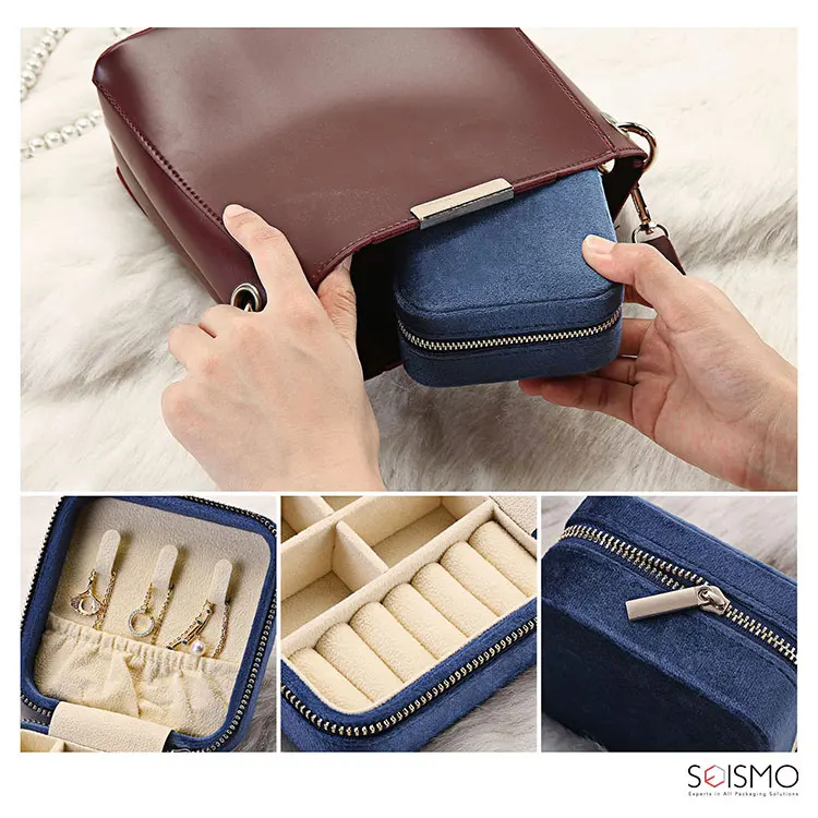 Wholesale Custom Small Travel Navy Blue Velvet Zipper Necklace Jewellery Ring Packaging Storage Gift Jewelry Box Organizer Case