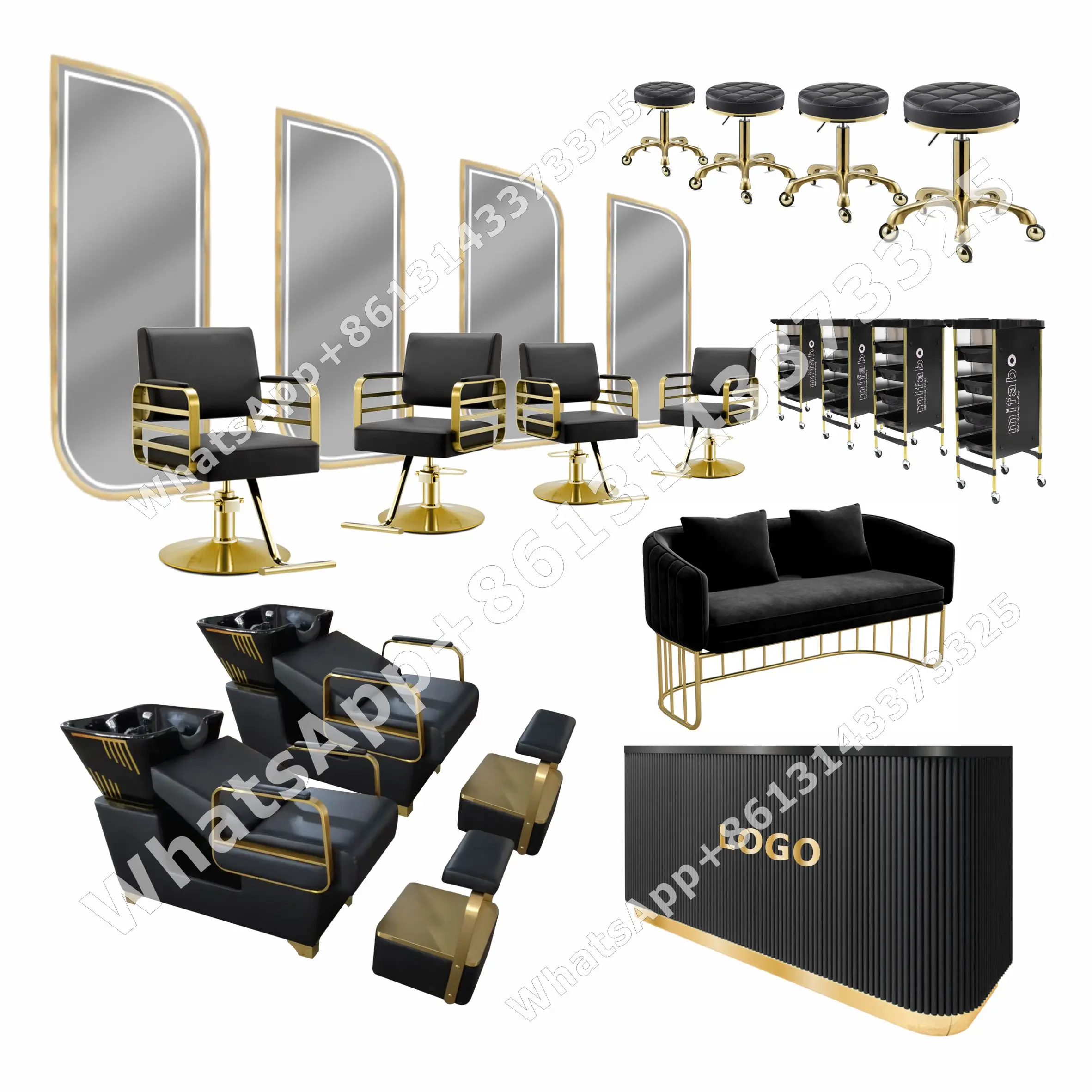 2021 4 seats store gold black modern beauty salon set cheap furniture package for barber custom chair desk