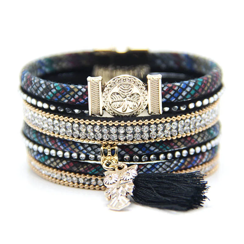 Boho Style Jewelry Owl Charm Multi-layers Leather Women Bracelet with Magnetic Clasp Cuff PU Bracelets