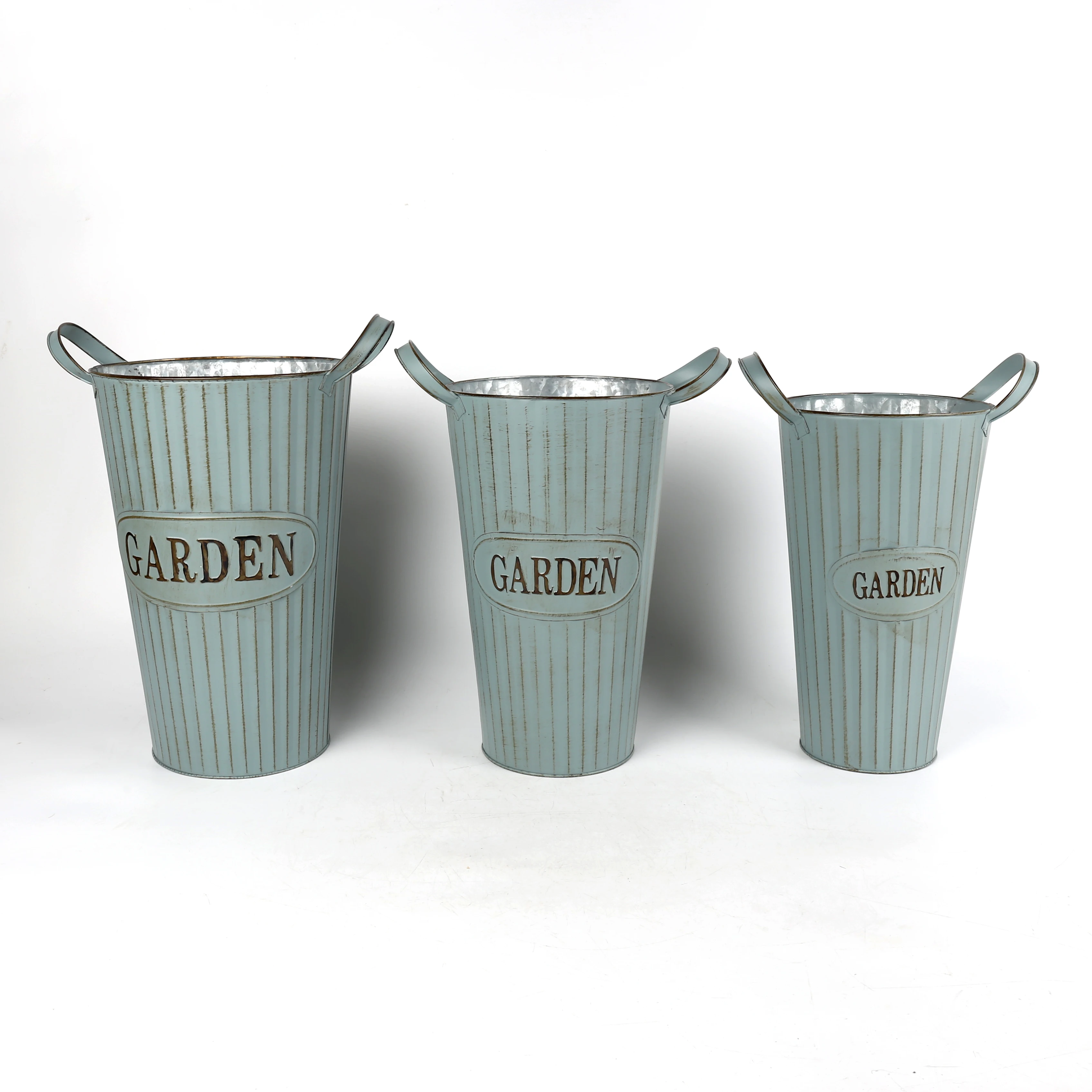 Set of three large vintage and distressed metal vases home decor flowers vase and pots