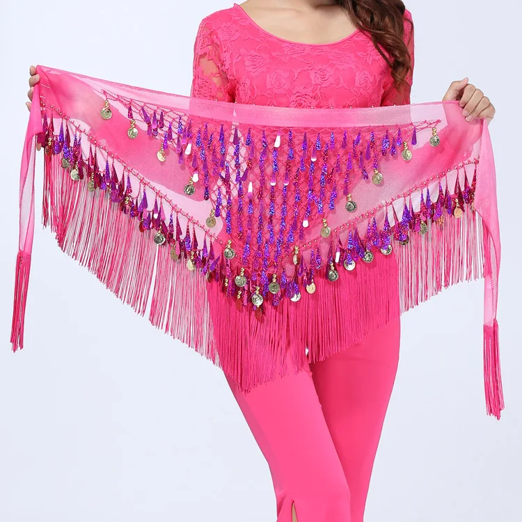 Belly Dance Hip Scarf with Tassels Sequins Triangle Coins Wrap Skirt Music Festival Clothing Stage Performance Accessories