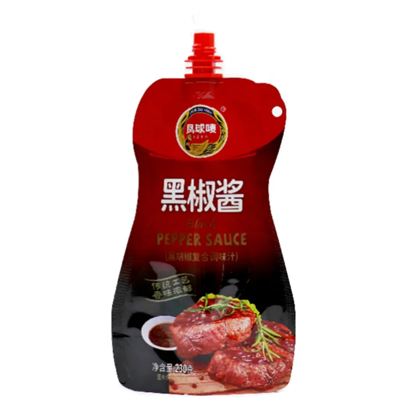 Custom Printed Free Shape Stand Up Spout Pouch Ketchup Black Pepper Sauce Juice Food Top Spout Packaging Bag