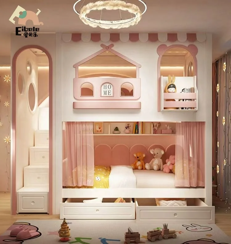 High Quality Indoor Bedroom Furniture Set Kids Wooden Double Bunk Beds for Children with Drawer Stairs and Slide