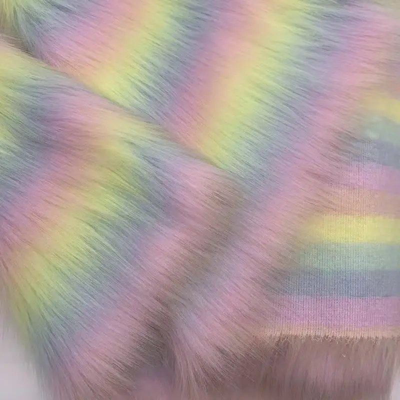 colorful rainbow long pile fur fabric artificial faux fur fabric