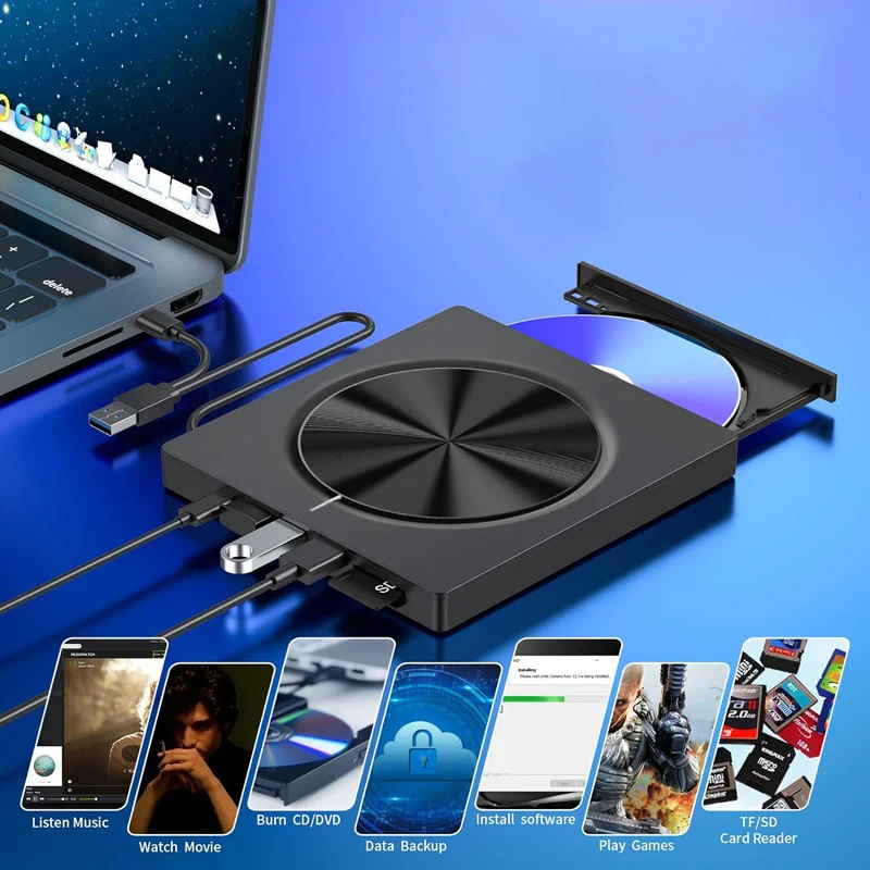 Type-c external DVD burner can read and write 3.0 U disk/TF card SD card compatible with Win 11/Macos external Rw drive