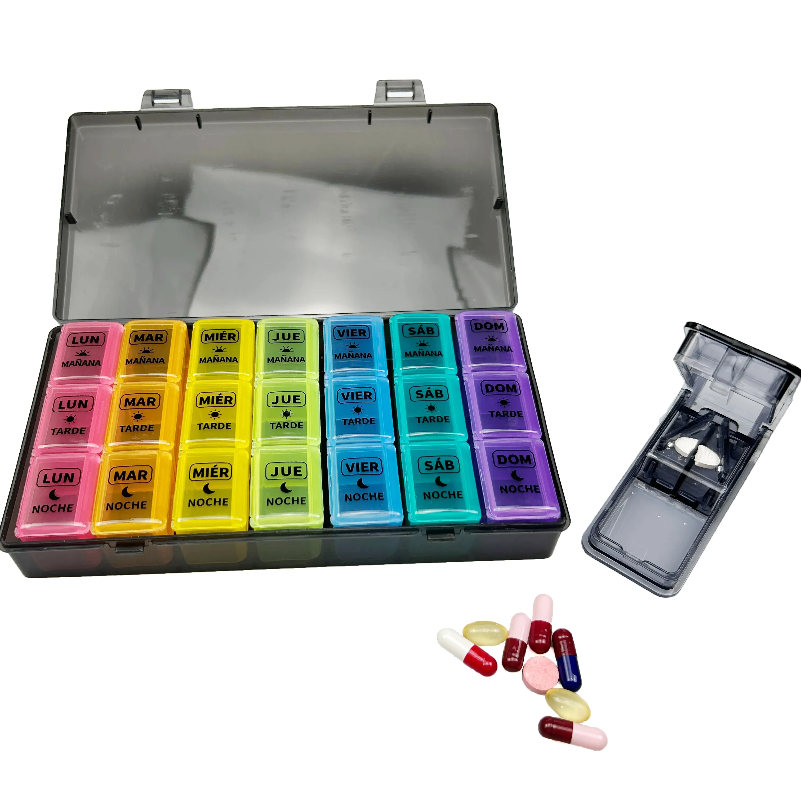New Custom Language Logo Color Weekly Pill Box 21 Compartment Pill Organizer. High Quality Pill Cutter Set