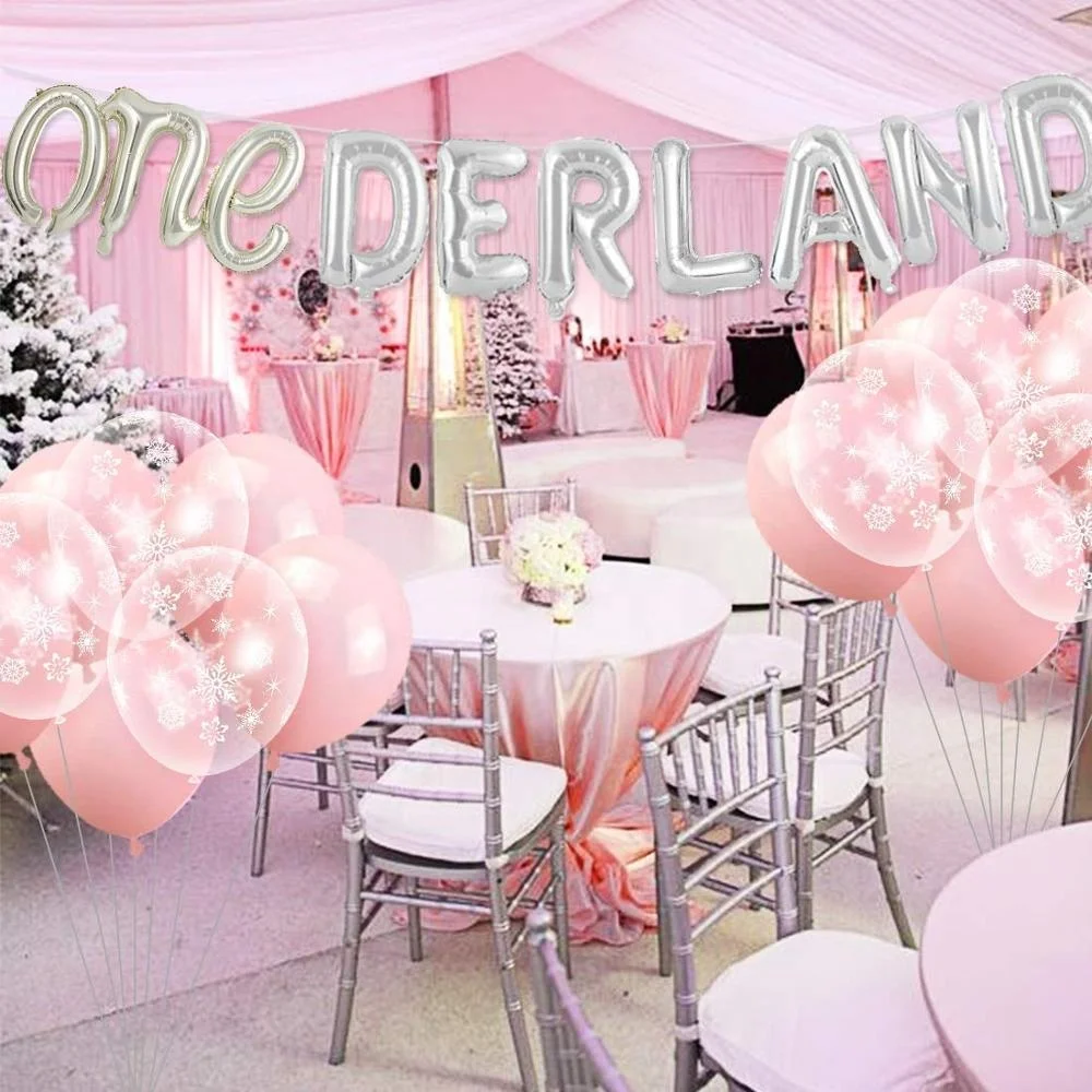 Winter Onederland Balloons 1st Birthday Decorations Pink First Birthday Party Supplies Snowflake Photo Banner Onderland Bannar