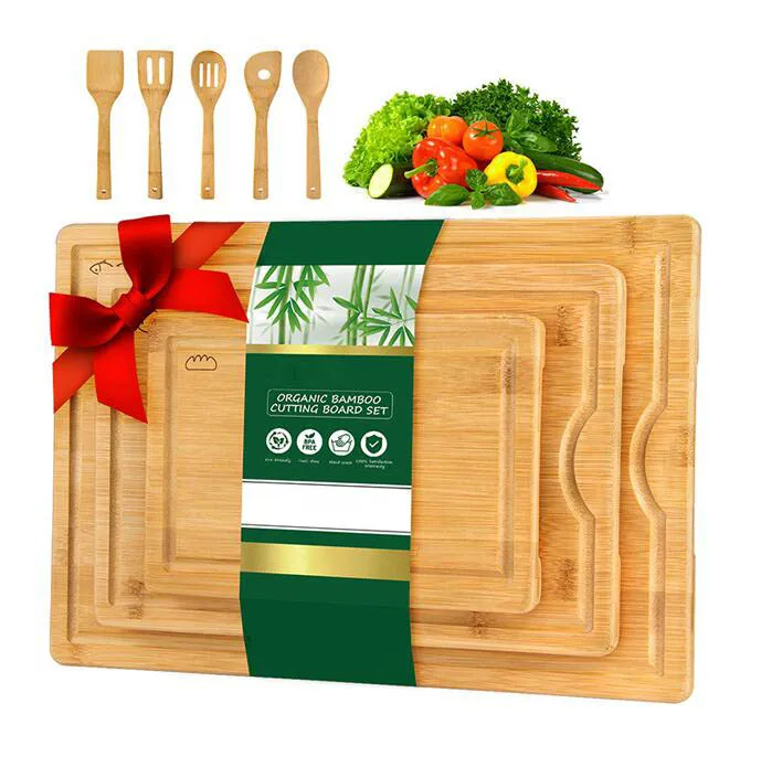 With Juice Tray Groove and Utensils Set Food Grade Wood Cutting Board for Gift Size Bamboo Customized Chopping Blocks Kitchen