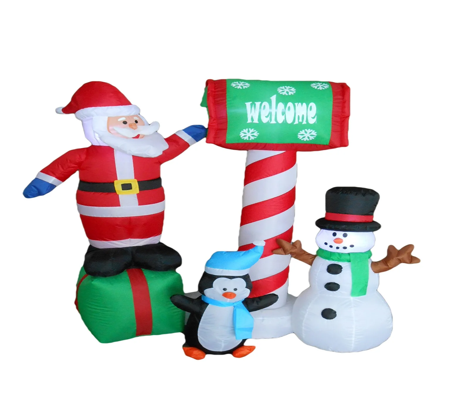 
150cm/5ft inflatable santa claus sitting on a gift bag touching the mailbox with a penguin and snowman in the front 