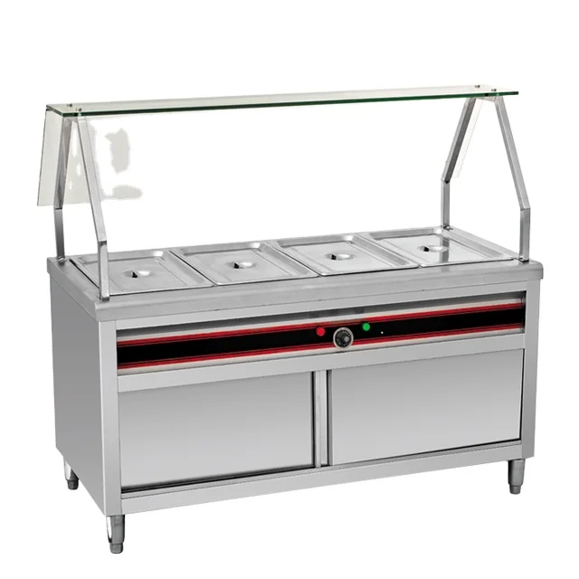 Electric Buffet Food Warmer Counter with cabinet and glass shelf