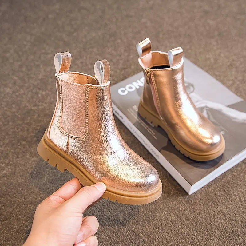 
British Style Fashion Children Boots Casual Autumn Winter PU Leather School Shoes Single Boots Kids Girls Golden on slip Boots 