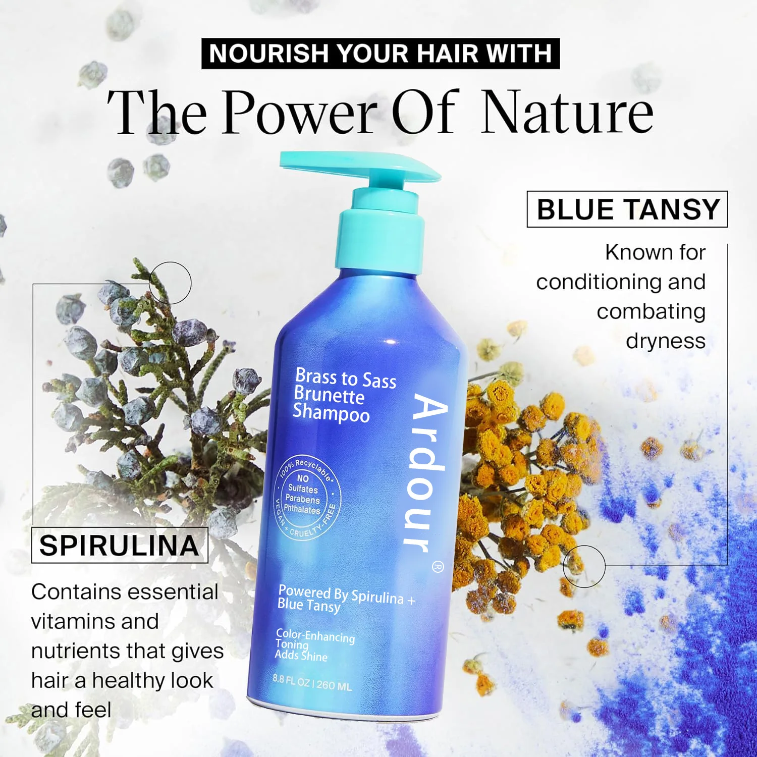 Brass to Sass Brunette Shampoo, Toning Blue Shampoo Brunettes Neutralizes Brassy Red and Orange Tones for Color Treated Hair