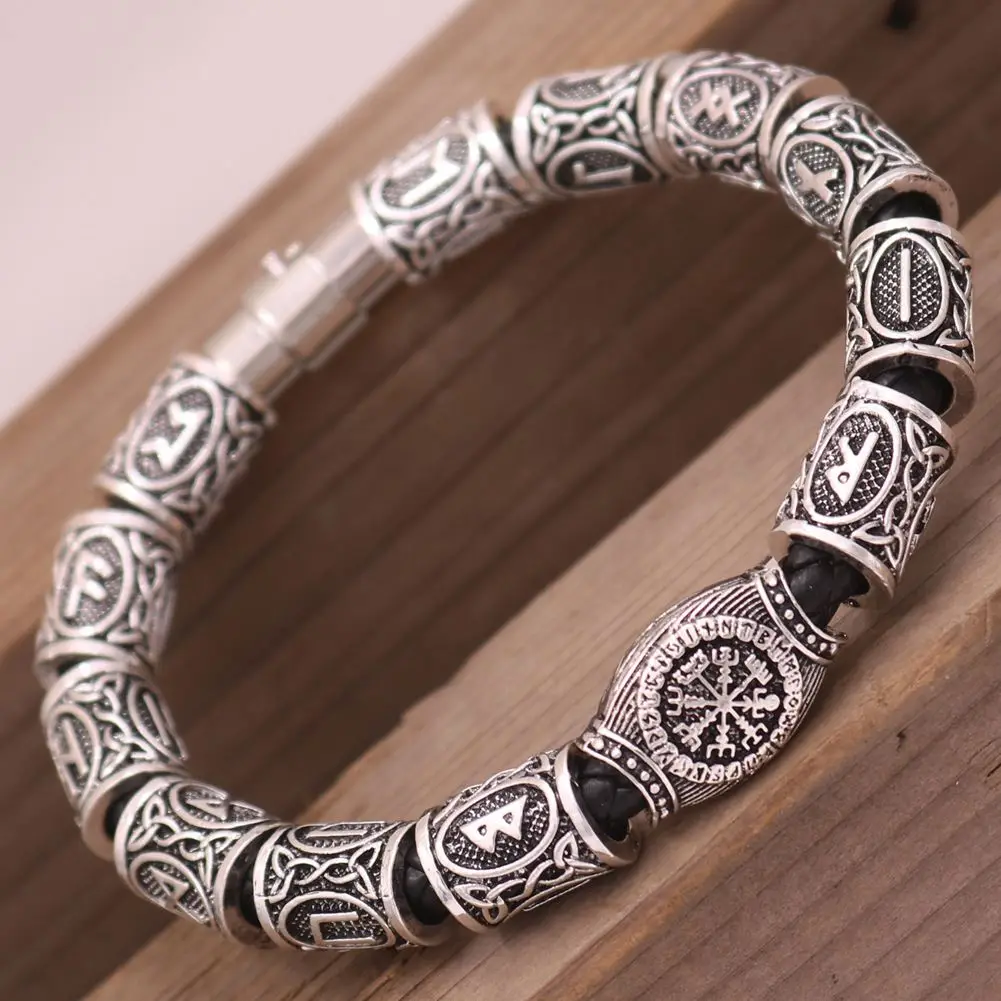 Nordic Viking Jewelry Antique Silver Plated Odin Rune Compass Beard Beads Metal Alloy Runavin Amulet Bracelet For Men