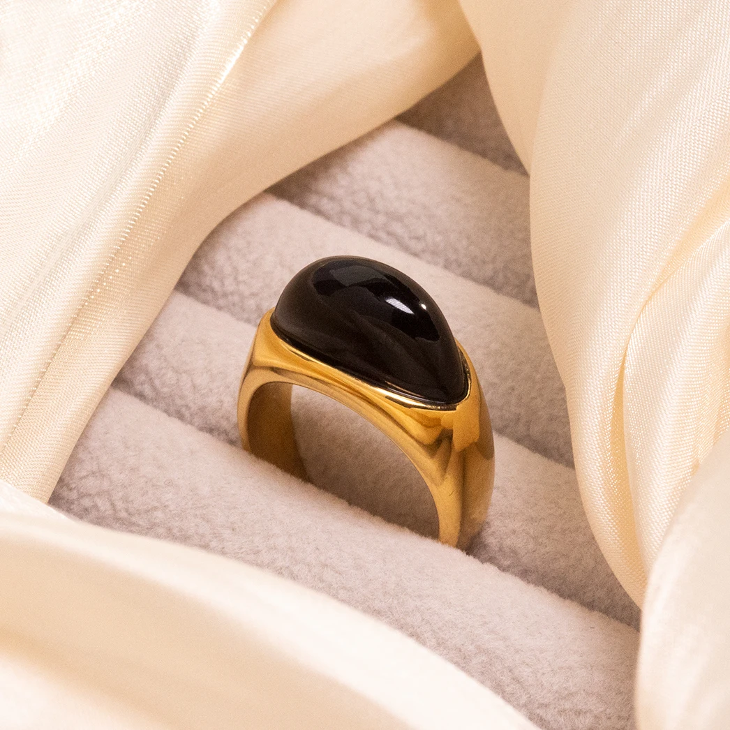 Non Tarnish Waterproof Jewelry Women Men Black Stone Ring Vintage Style Stainless Steel Oval Resin Ring