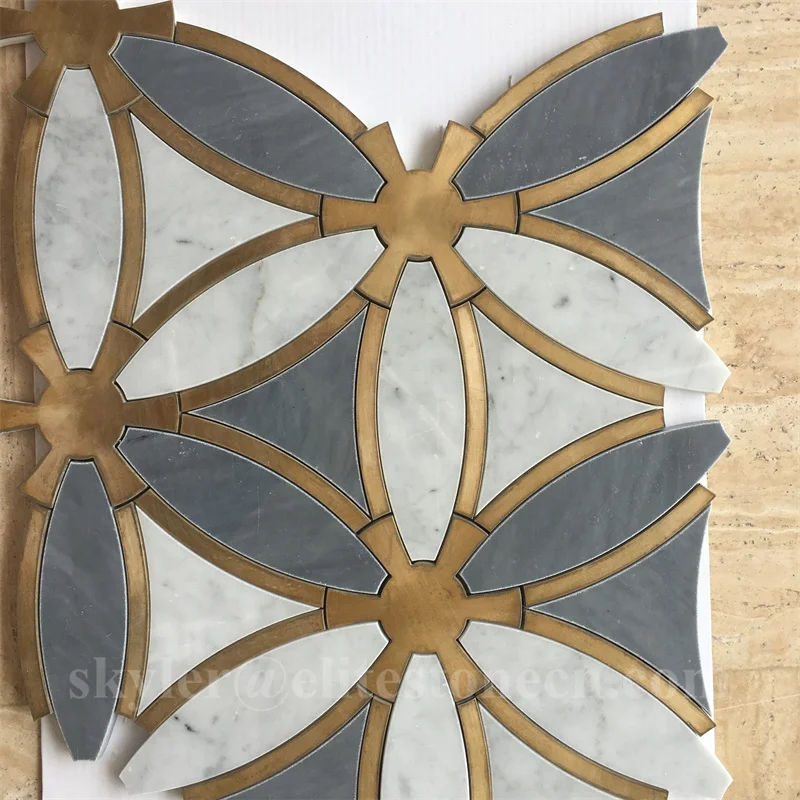 carrara white and bardiglio grey marble waterjet mosaic with brass inlay flower design