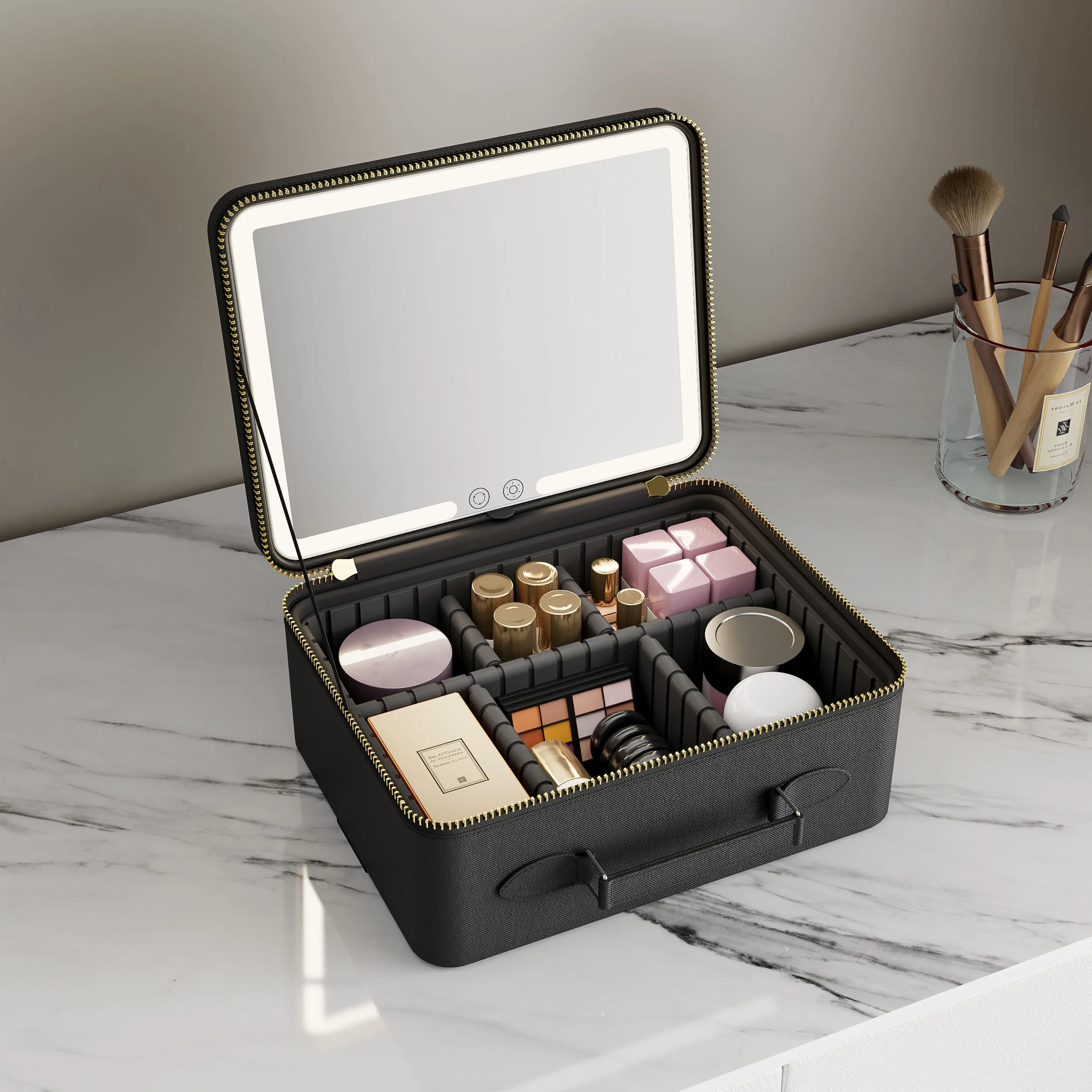 Folding Portable Cosmetic Make Up Black Storage Box Lighted Vanity Travel Makeup Bag Case With Led Light Mirror