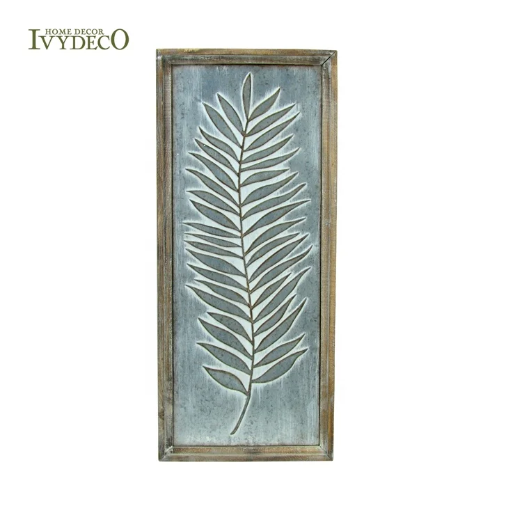 IVYDECO Antique Fern Leaf Impression Wood Frame Metal Wall Art for Livingroom