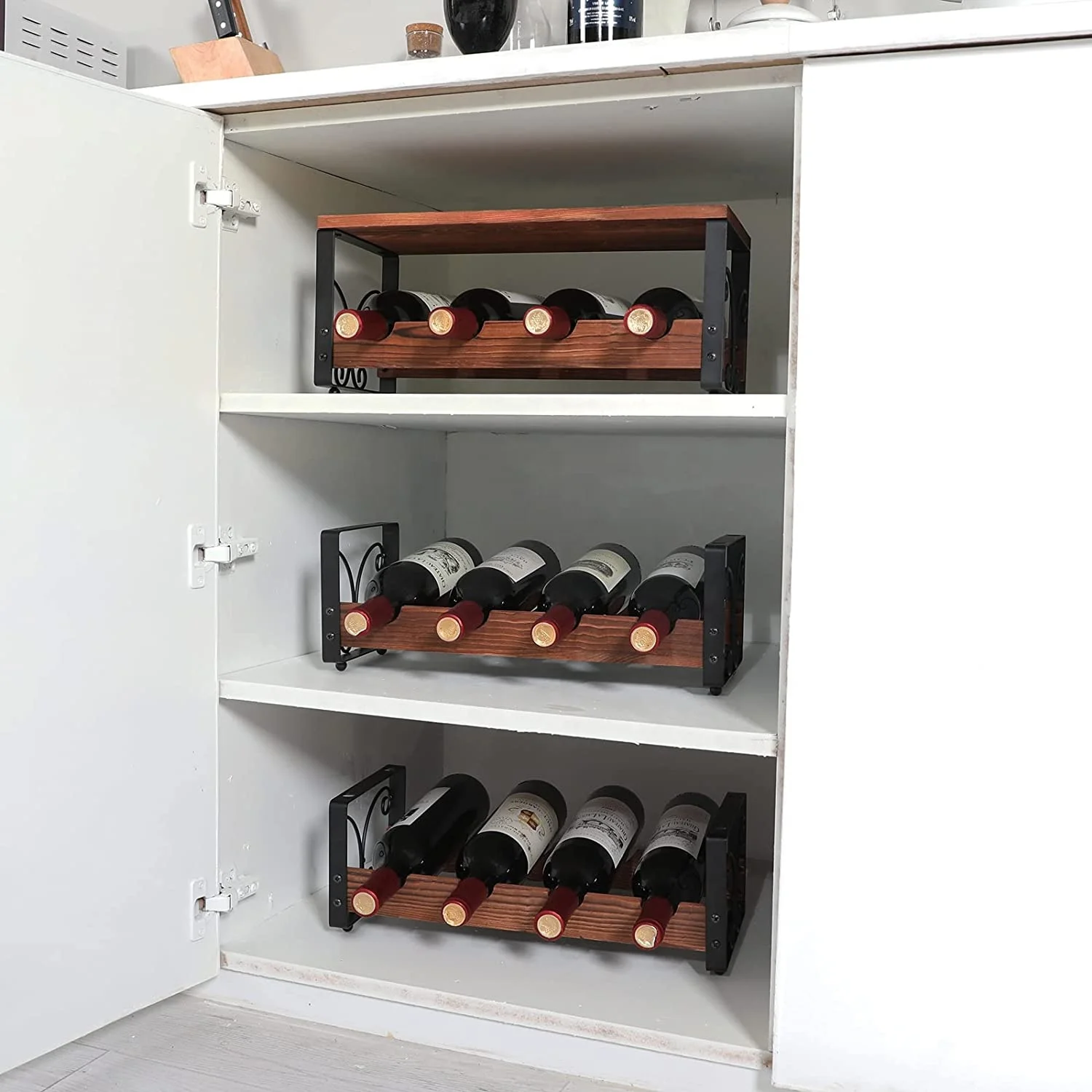 Hot Selling Countertop Wine Rack Wood Metal Wine Bottle Holder Storage Rack Stand Stackable Perfection Organizer