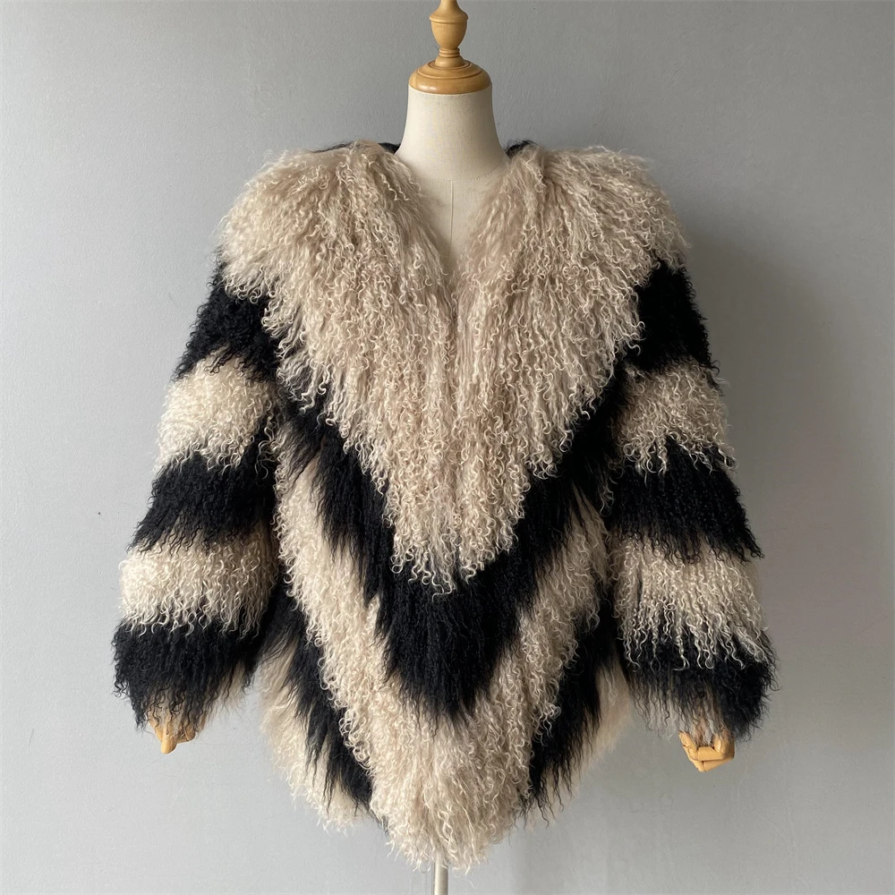 Wholesale Soft Elegant Custom Logo Winter Overcoat Fluffy Thick Warm Luxury Long Real Mongolian Lamb Sheep Skin Fur Coat Women