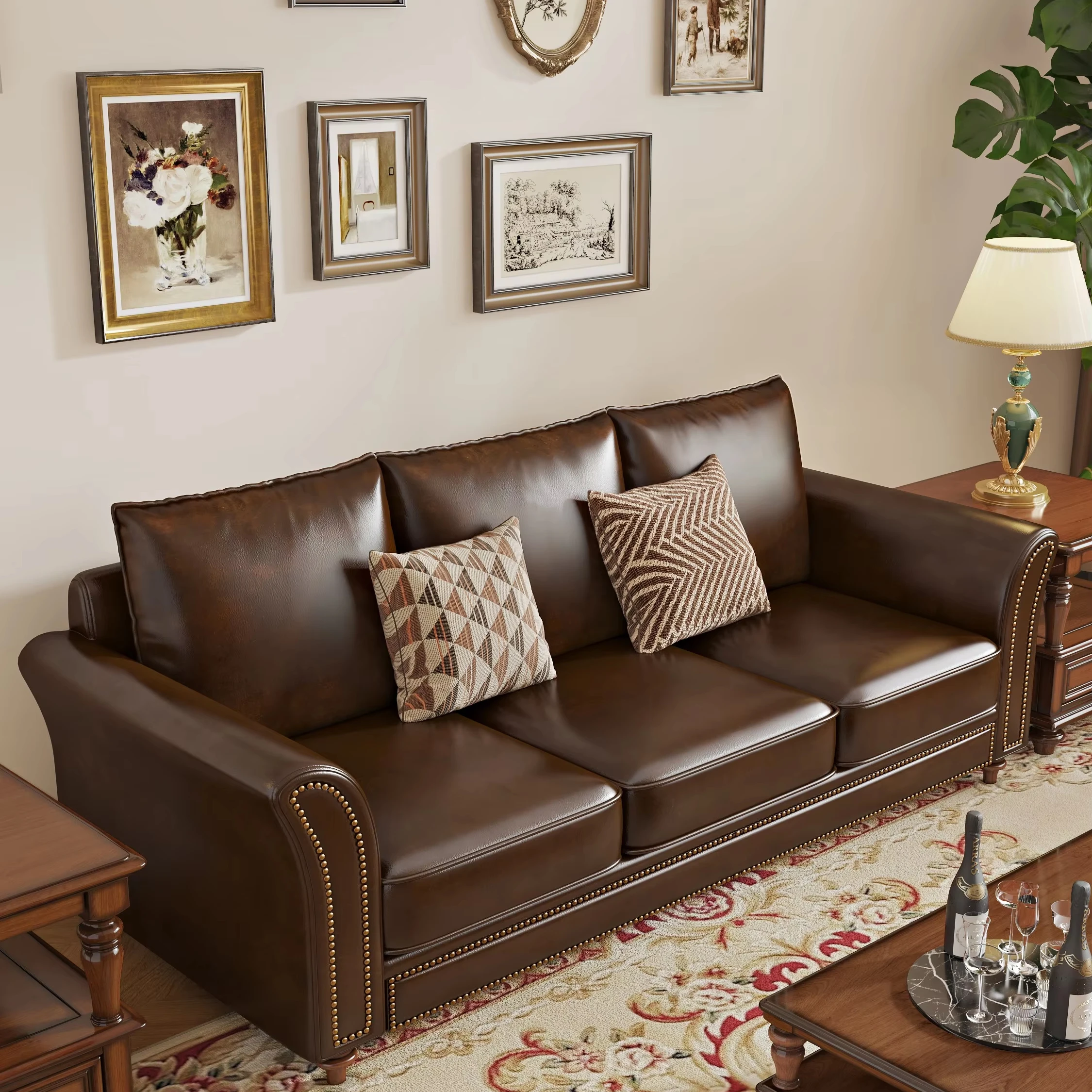 3 Seater Genuine Leather Sofa American Retro 1 2 3 Seat Sofa Set Living Room Countryside Solid Wood Furniture
